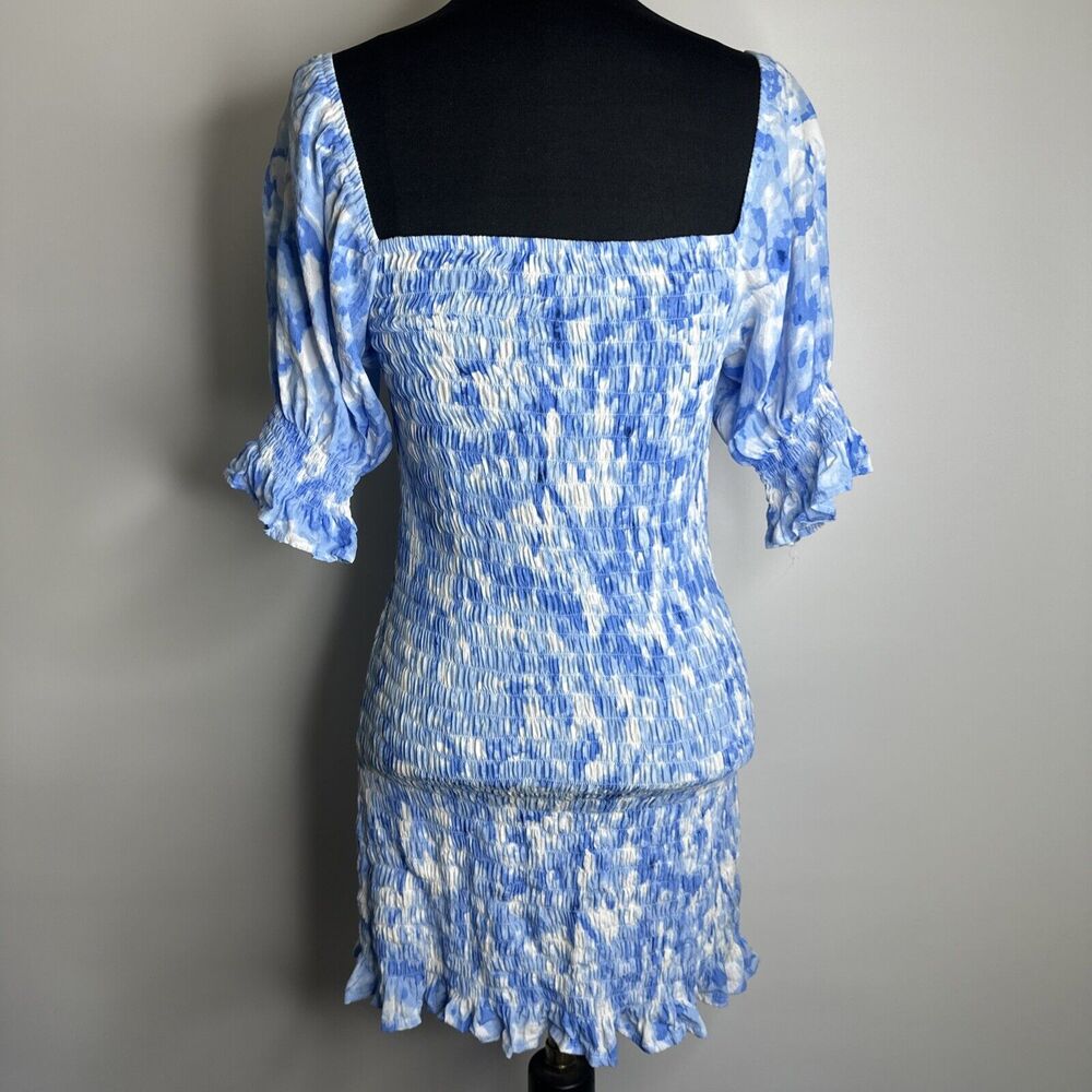 Faithfull The Brand Magnolia Mini Dress 4 Blue White Tie Dye Smocked Cottage EUC